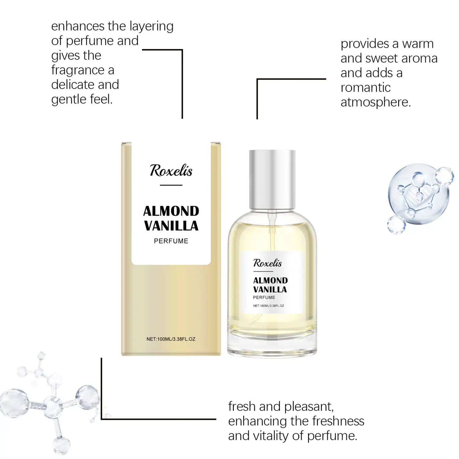 Roxelis Mandel-Vanille-Duft in langanhaltender Qualität, 100 ml, in einer klaren Glasflasche mit silberfarbenem Verschlusskappe und einer goldtönigen Box, ausgelegt für den Duft 100 ml.