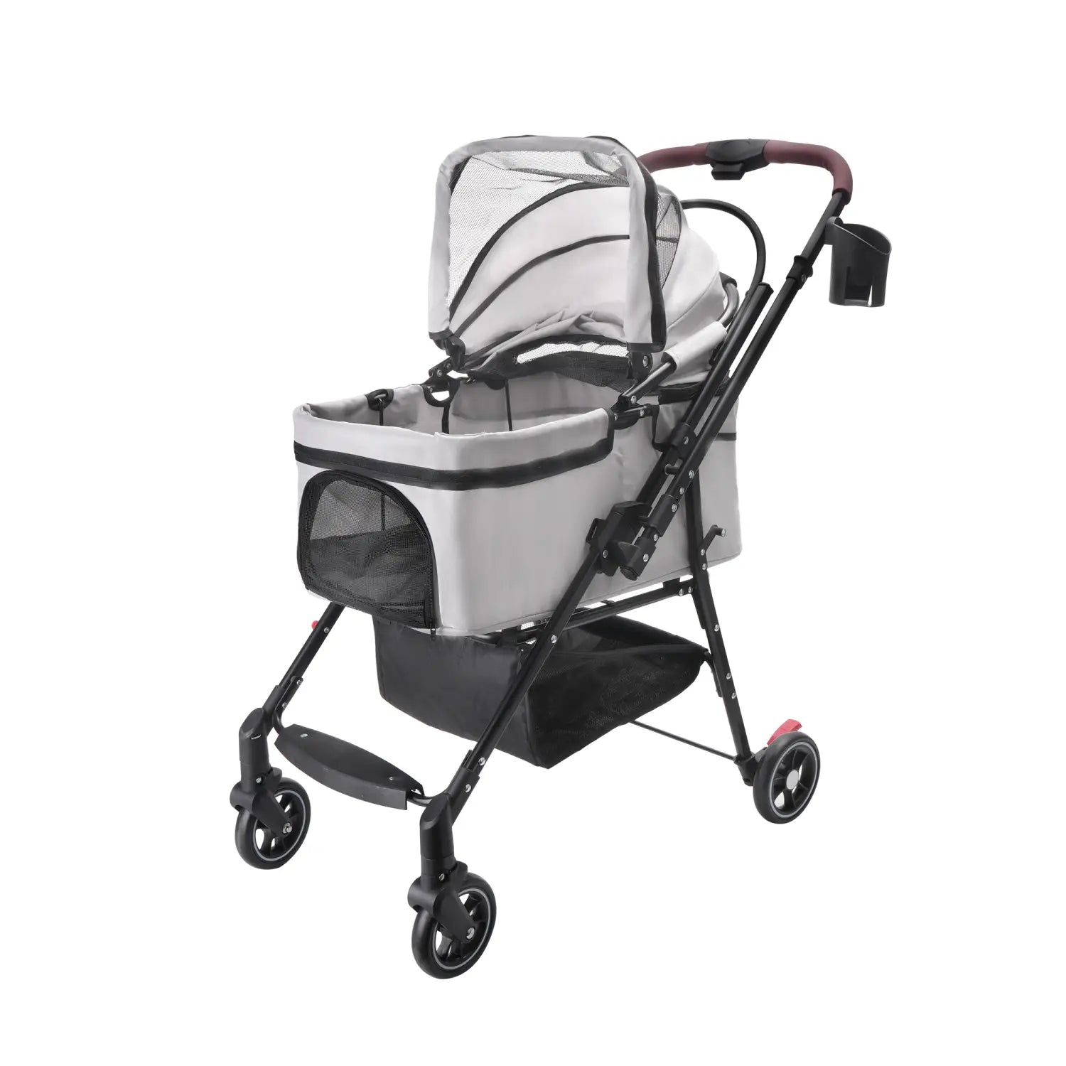 Foldable pet stroller for small dogs and cats in gray and black with a mesh canopy, adjustable handlebar, and four wheels.