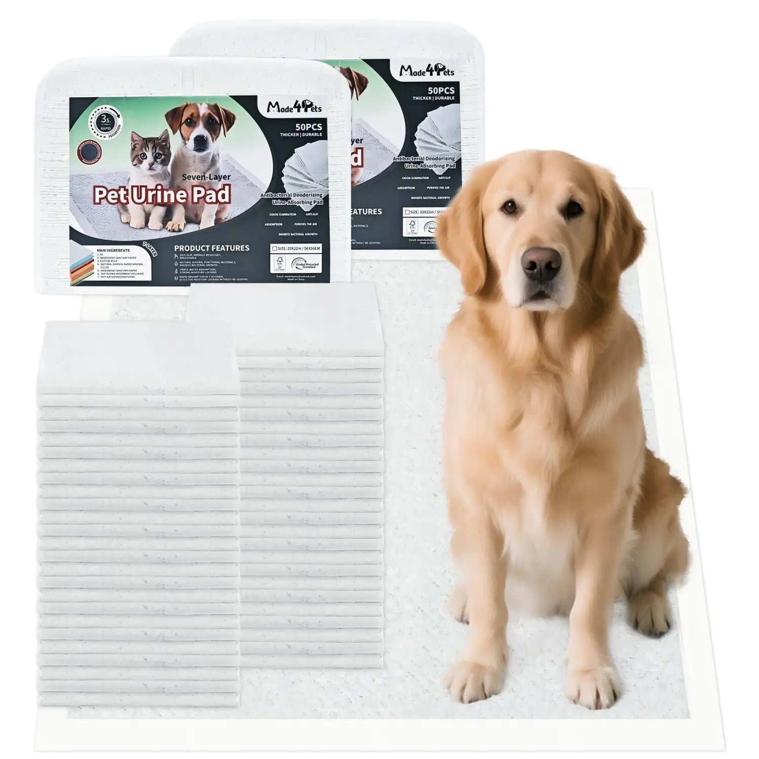 white seven layer pet urine pads in a package of 50 pieces from made4pets designed for odor control and leak proof use in dog pee pads 100 pack.