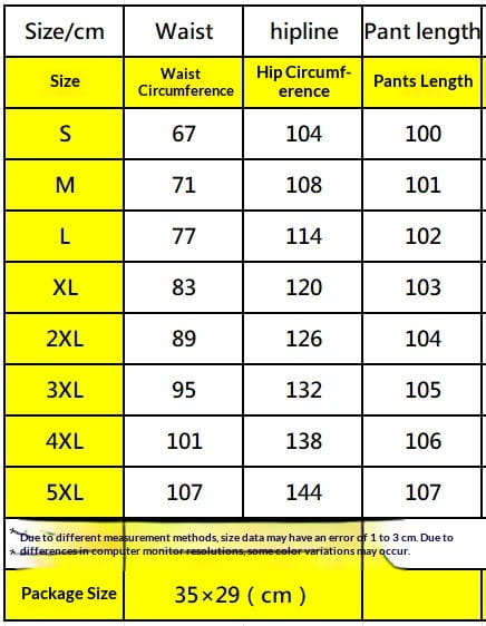 Size chart for drawstring linen wide leg pants showing waist circumference hip circumference and pant length measurements in centimeters from size s to 5xl.