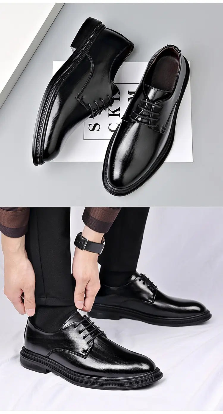 Chaussures de ville habillées Oxford à lacets en cuir verni noir pour homme, avec une finition soignée et un design classique, idéales pour les mariages.