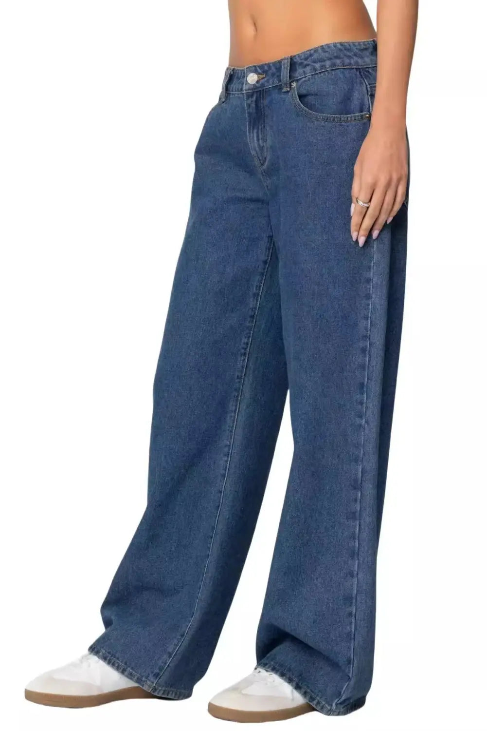 Blue denim high waist wide leg jeans with a relaxed fit and classic five-pocket design.