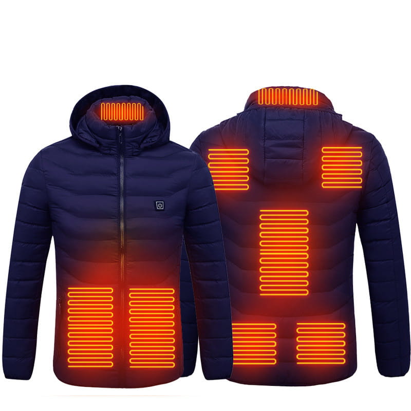 Navy blue unisex 9 zone electric heated hooded puffer jacket showing the back side with glowing orange heating panels on the hood shoulders back and lower torso.
