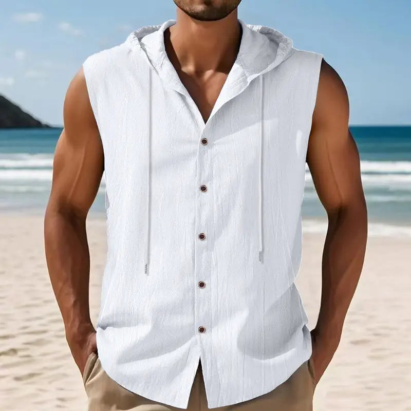 Men’s white linen blend sleeveless hooded shirt with button-front design and subtle texture.