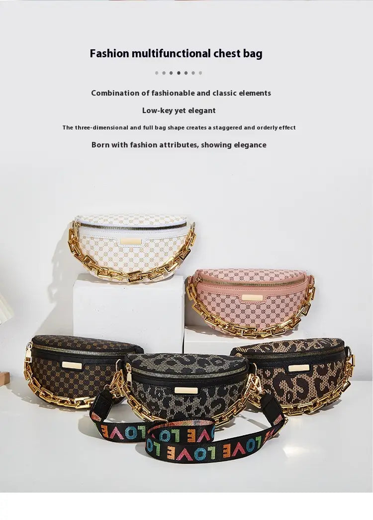 Eine Kollektion stilvoller, zurückhaltender und dennoch eleganter Multifunktions-Taschen für Damen mit Leopardenmuster und Monogramm-Designs sowie Kettenträgern in Goldton.