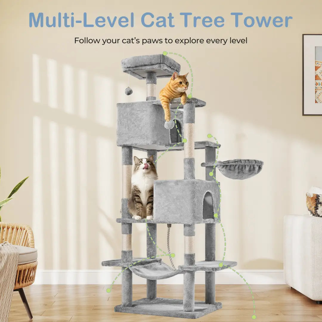 Gray 66 inch multi-cat tree tower with multiple platforms, a hammock, and sisal scratching posts for feline activity and rest