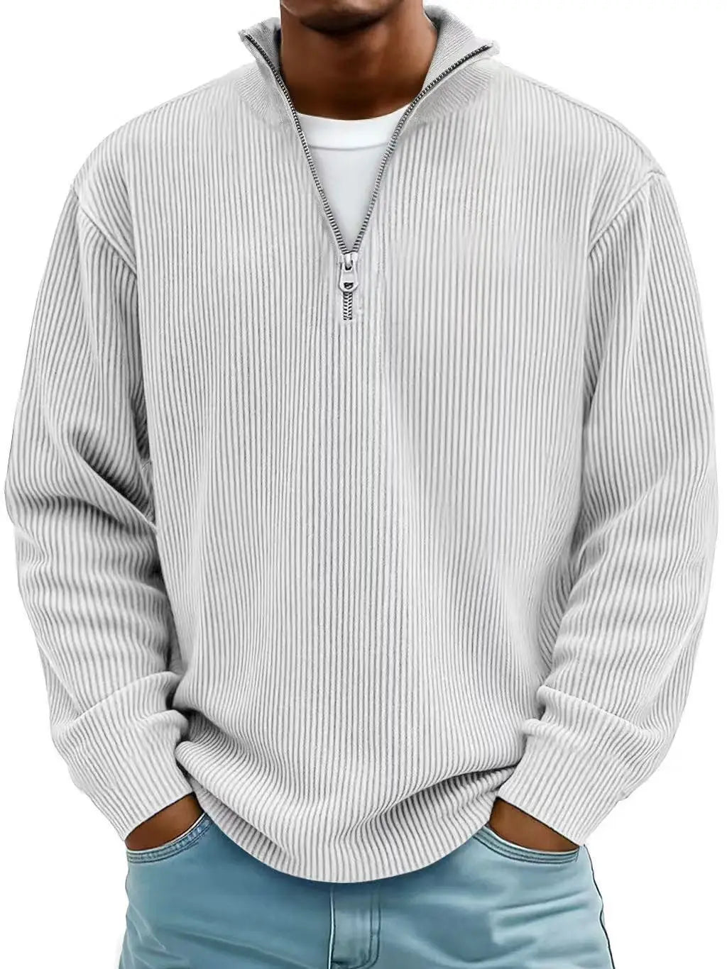 men’s light gray ribbed knit half-zip corduroy polo sweatshirt featuring a silver zipper.