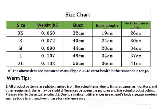 Size chart in centimeters for the Security Pet Hoodie fleece dog sweatshirt showing measurements from XS to XL.