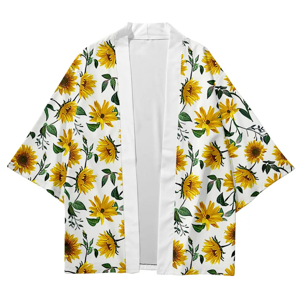 Weiße Kimonojacke mit kräftigem Gelb-Sonnenblumen- und Grünblattmuster, entworfen als lockere Herren-Cardigan.