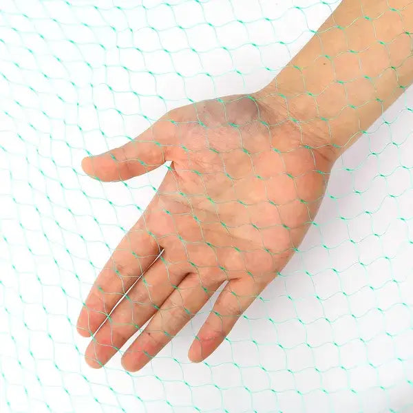 Una mano que porta una malla fina de color verde claro hecha de polietileno (PE) de uso pesado, utilizada para la protección del jardín contra aves, con dimensiones de 13 por 33 pies.