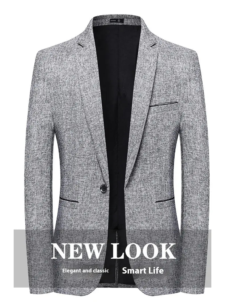 Anzugblazer mit schmaler Passform und einem Knopf, aus grauem, strukturiertem Stoff, mit schwarzem Innenfutter und einreihigem Knopfverschluss.