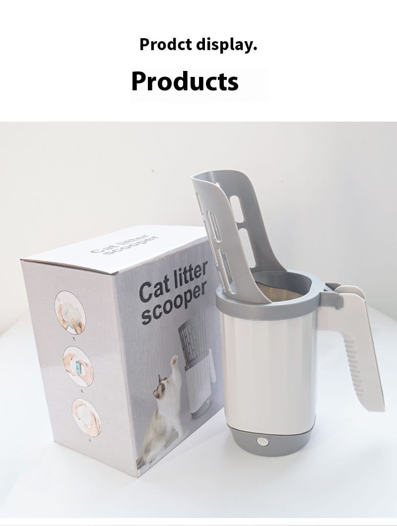 White and gray plastic integrated cat litter scoop with handle and built-in trash compartment for convenient cleaning.