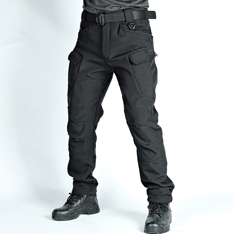 Men’s fleece-lined waterproof tactical pants in black with multiple cargo pockets and reinforced stitching shown from the back side.