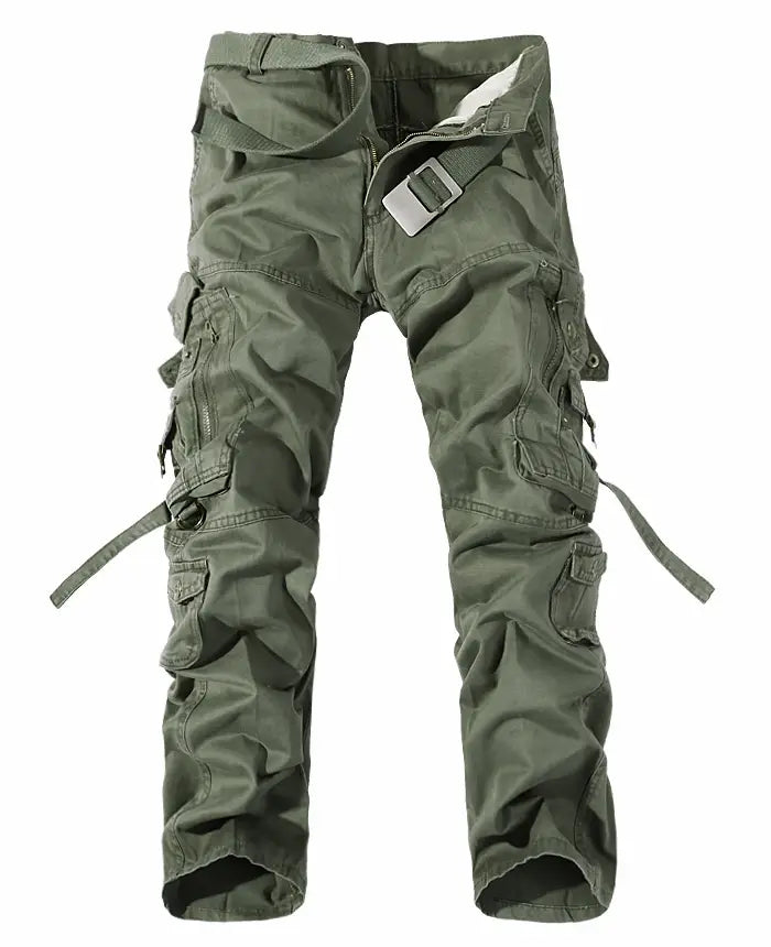 Olive green men multi pocket washed cargo pants featuring multiple pockets and adjustable straps designed for durability and style.