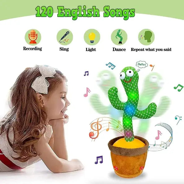 Un jouet de cactus dansant en peluche vert, doté de 120 chansons et de lumières à DEL lumineuses, souriant dans un pot orange.
