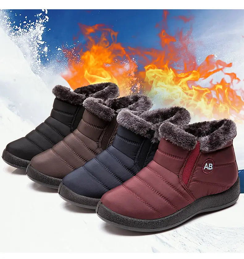 Botte d’hiver imperméable en neige bordeaux matelassée, avec doublure grise moelleuse et semelle en caoutchouc noir assurant un maintien de la cheville et adaptée aux conditions froides.