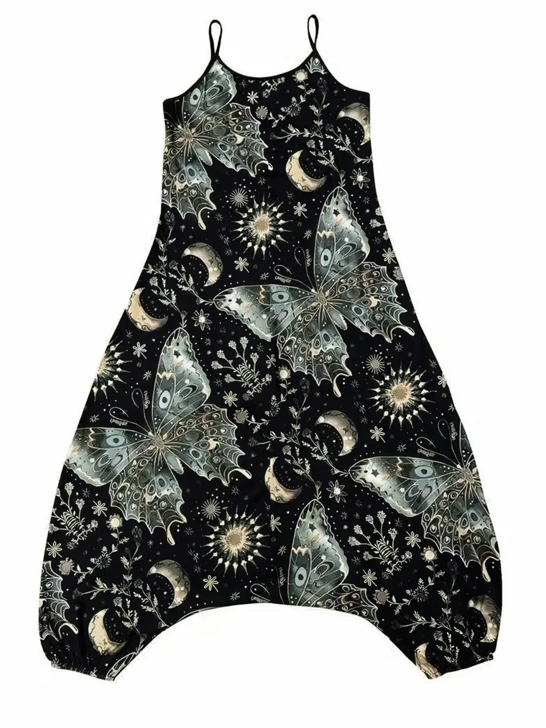 Robe pantalon de harem noire à imprimé céleste de papillons argentés et dorés, lunes, étoiles et motifs floraux, pour une combinaison à bretelles amples grande taille.