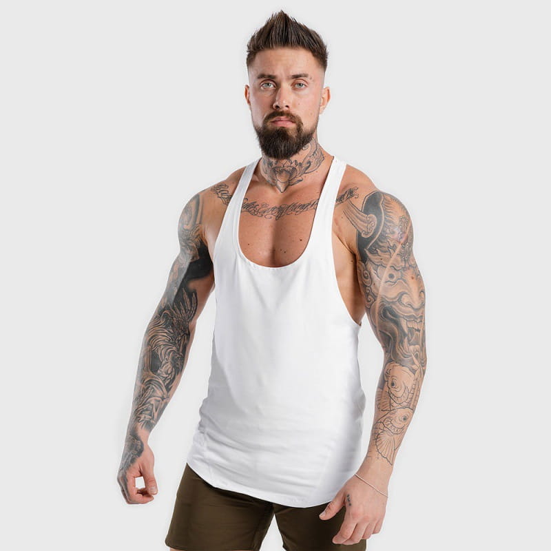 Men’s go hard racerback athletic tank top in white features a sleeveless design with a simple clean style ideal for workouts.