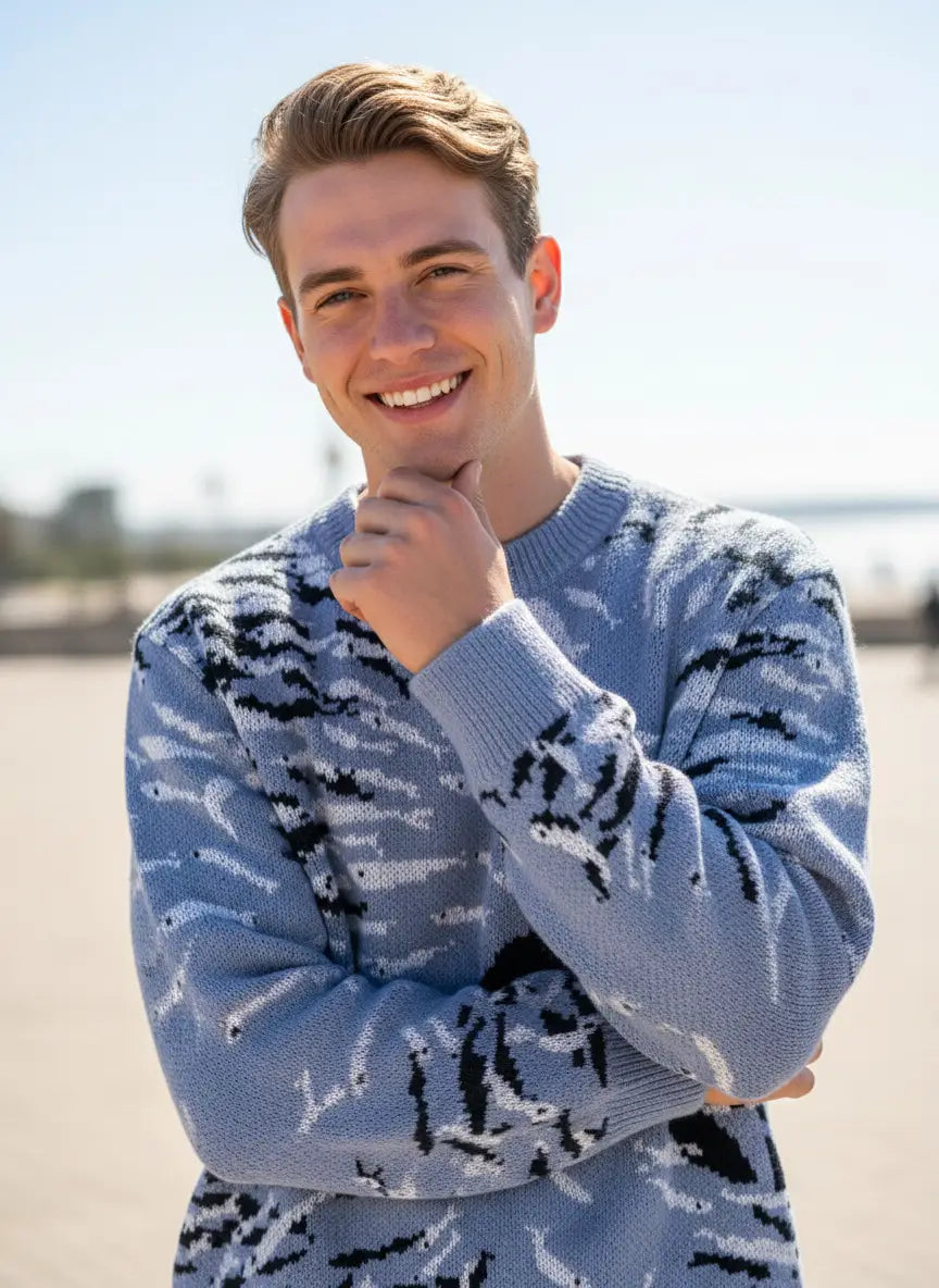 Hellblauer Strickpullover mit einem Muster aus schwarzen und weißen Fischen aus weichem Material, ideal für das Tragen als Casual-Koreanpullover