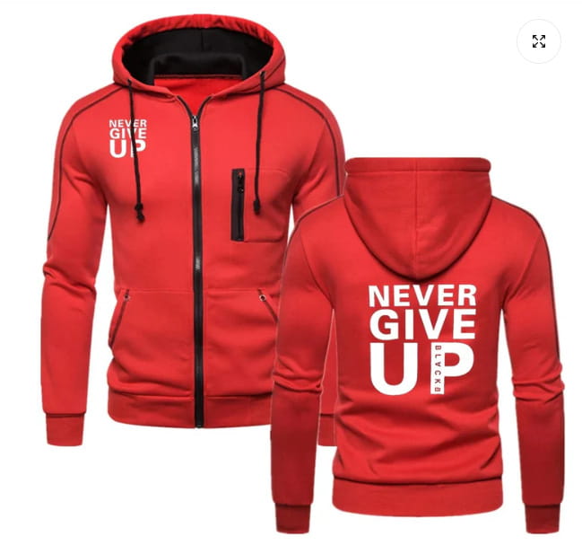 Hoodie zippé contrasté « never give up » pour hommes, rouge, avec doublure intérieure noire et inscription « never give up » blanche à l’avant et à l’arrière, présentant une fermeture éclair verticale au centre, visible depuis la face arrière.