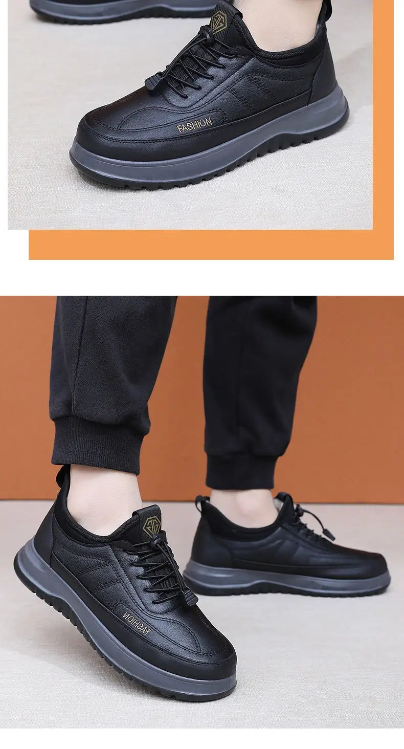 Zapatillas de cuero con forro de lana de invierno para hombre en color negro, con suela de goma gris y un sutil logotipo en tono dorado en el lateral.