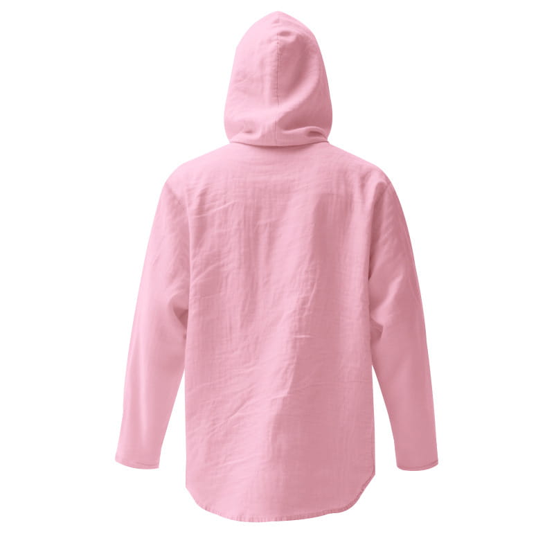 Men linen hooded cardigan shirt in soft pink with long sleeves, relaxed fit, and subtle fabric texture.
