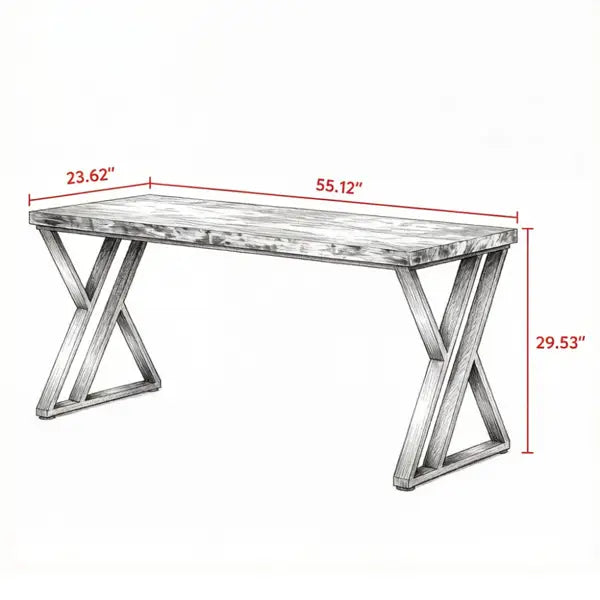 Escritorio de escritura industrial de 55 pulgadas, mesa de madera blanca con tapa de madera rústica y patas metálicas en forma de X con acabado envejecido.