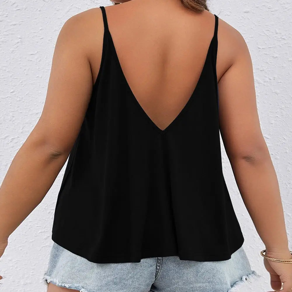 black button front v-neck plus size tank top shown from the back displaying a deep v-back cut and thin straps sleeveless design