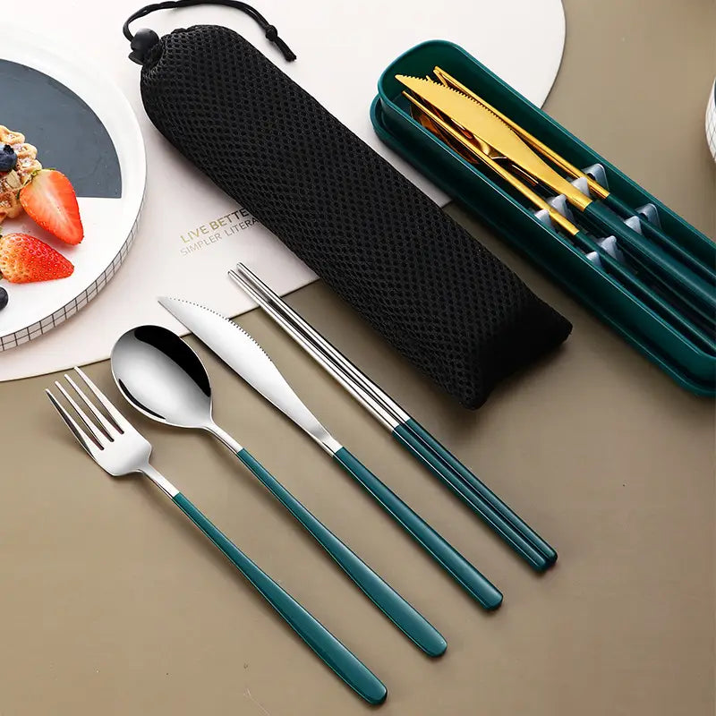 Teal and silver stainless steel portable cutlery set with matching green handles and a carrying case.