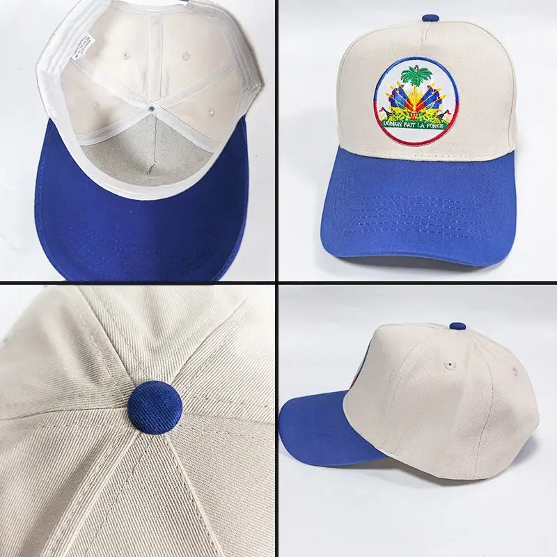 Cream and royal blue two-tone baseball cap featuring an embroidered Haitian flag emblem for sun protection and casual wear