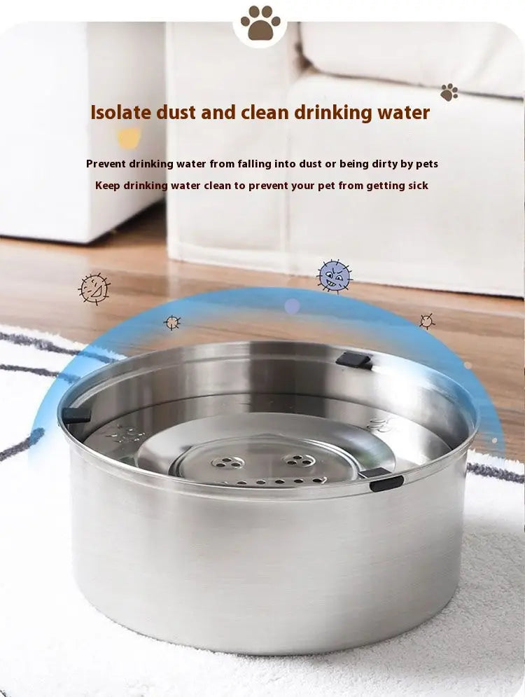 Large stainless steel pet water bowl with a sleek reflective surface and small perforations for filtration.