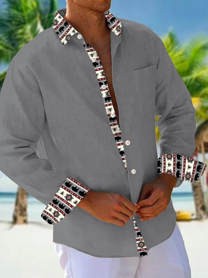 Men beige linen shirt with gray long-sleeved button-up design and black and white elephant-patterned trim on collar cuffs and placket.
