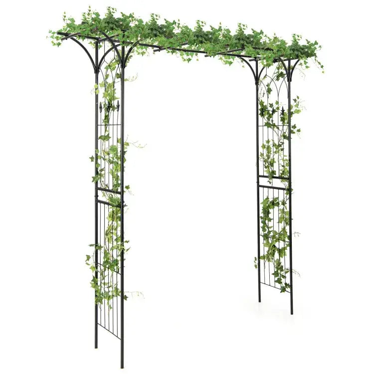 Black wrought iron metal garden arbor archway 81in adorned with lush green ivy for climbing plants.