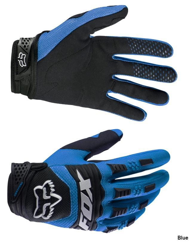 Blue and black Fox Racing motorcycle gloves with reinforced knuckle padding and breathable mesh panels shown from the back side for motocross protection.