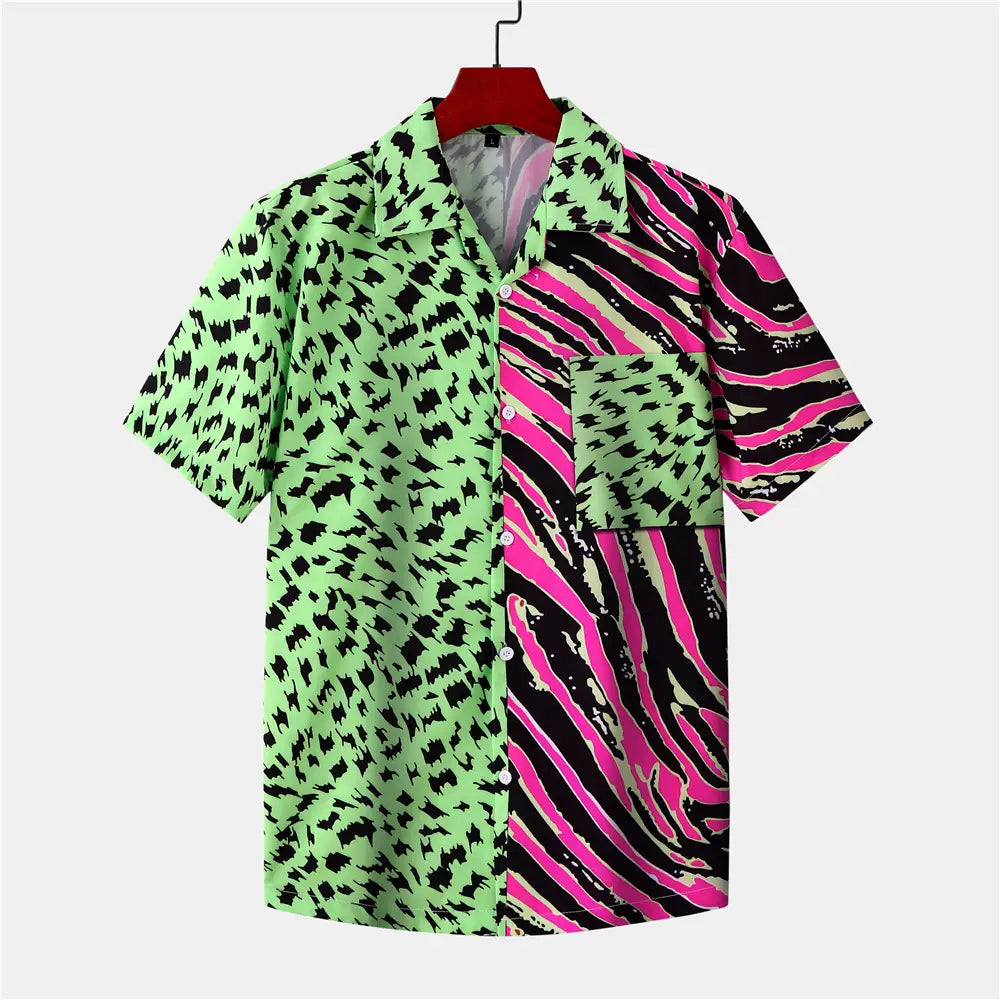 Vibrant short sleeve button up shirt with a split design featuring neon green and black leopard print on one side and bold pink and black zebra stripes on the other.