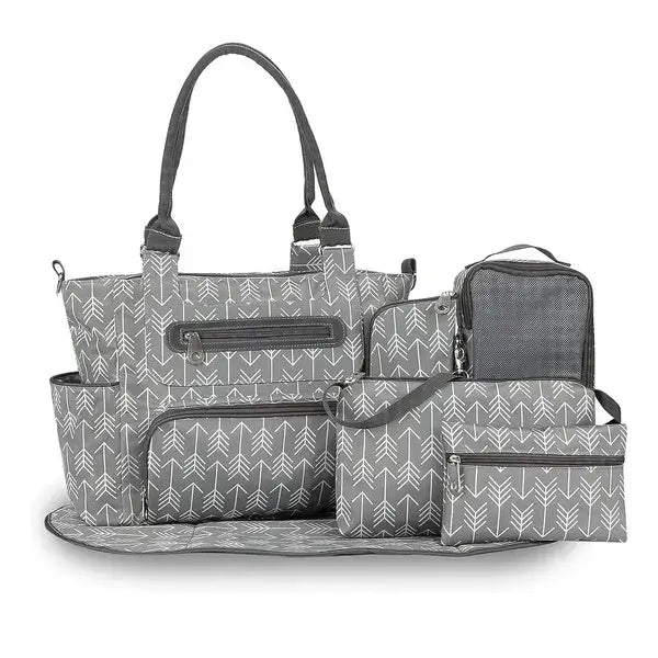 Gray arrow-patterned diaper bag set with black handles and zippers featuring eight multifunctional pieces designed for organized baby care.