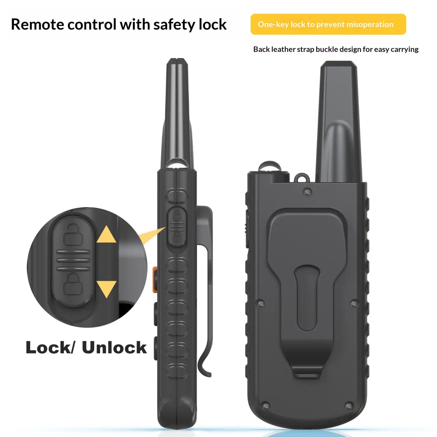black plastic two-way radio with safety lock and back leather strap buckle shown from the back as part of an anti bark dog training collar with remote.