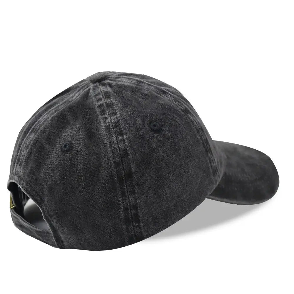 A dark gray distressed denim baseball cap with a curved brim and duck embroidery visible stitching.