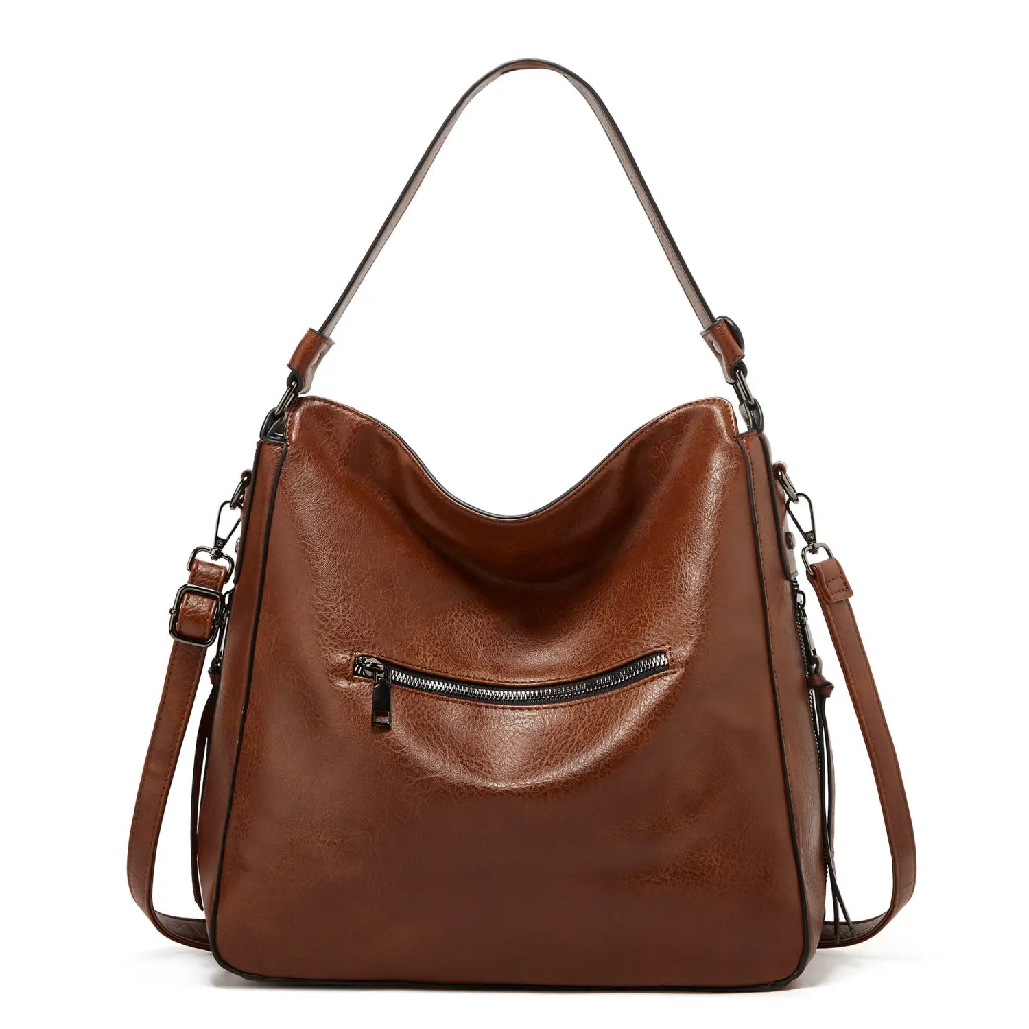 Braune Lederschultertasche mit Multi-Reißverschluss-Crossbody-Tote-Design, mit einer einzelnen Reißverschluss-Tasche und verstellbaren Trägern.