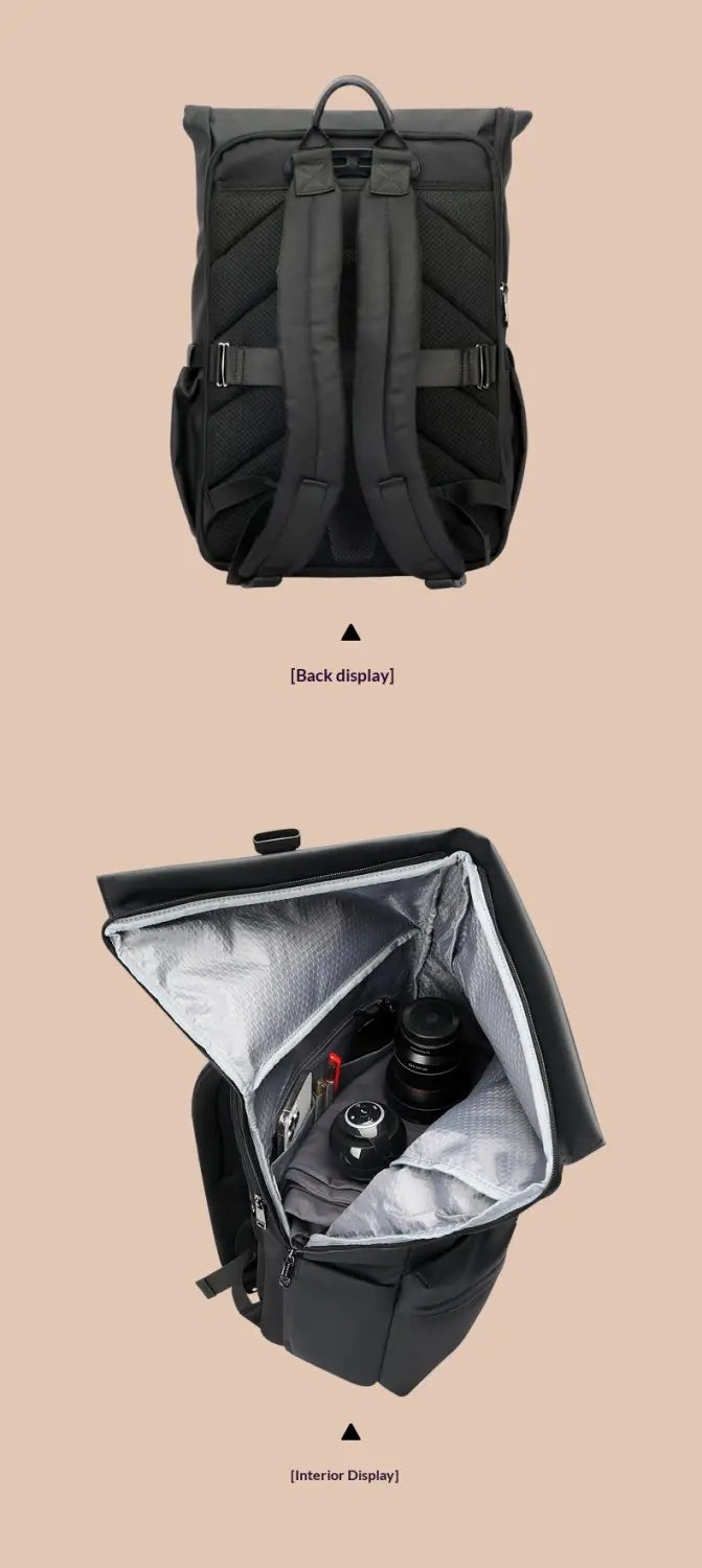 black roll top business backpack with padded straps and reflective interior lining shown from the back side designed for water resistance and 25 liter capacity