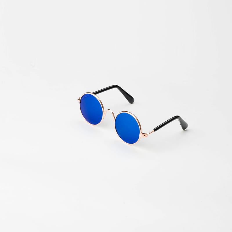 Rose gold metal round cat sunglasses featuring blue mirrored lenses and black temple arms.
