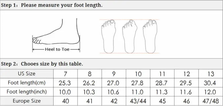 Foot length measurement chart with US inch and European size conversions for men’s leather Martin boots with blue rubber sole.