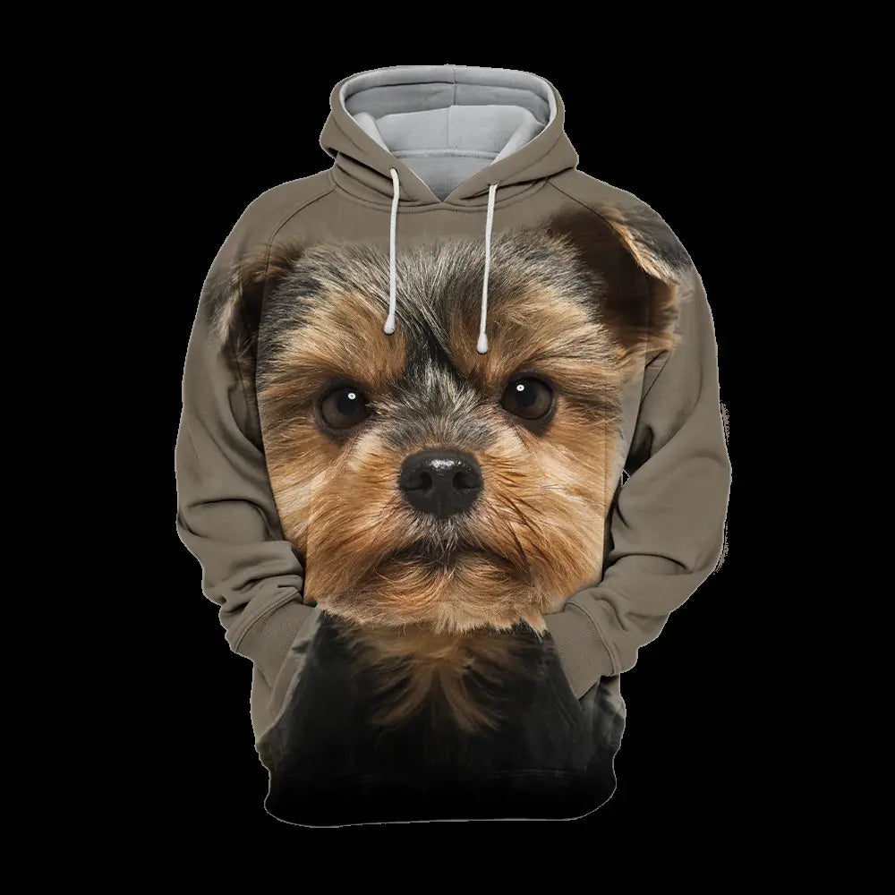 sweat à capuche gris en pull-over pour homme avec des cordons de serrage blancs, portant une représentation graphique en 3D du visage d’un Yorkshire terrier brun et noir imprimée sur l’avant.