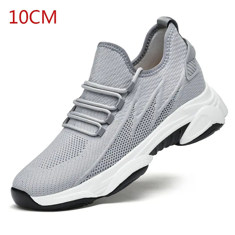 Men’s air cushion running shoes chunky sneakers with gray knit mesh upper, white and black sole, and subtle branding on the heel viewed from the back side.