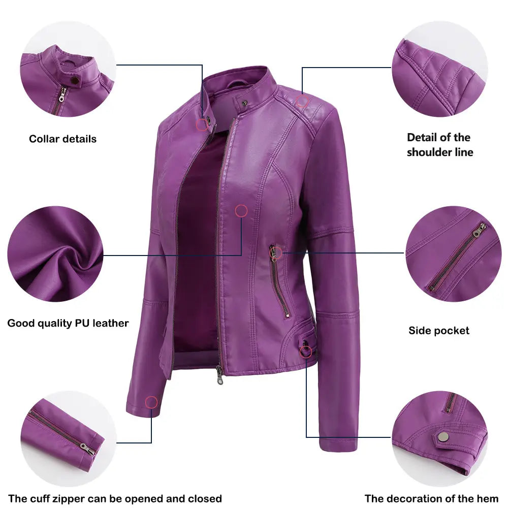Purple pu leather women’s biker jacket with zipped side pockets and adjustable cuffs featuring a slim fit and stand collar.