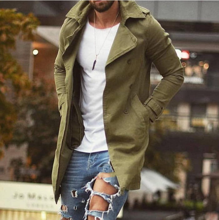 Olive green denim trench coat slim fit plus size mid length with classic double breasted design and functional pockets.