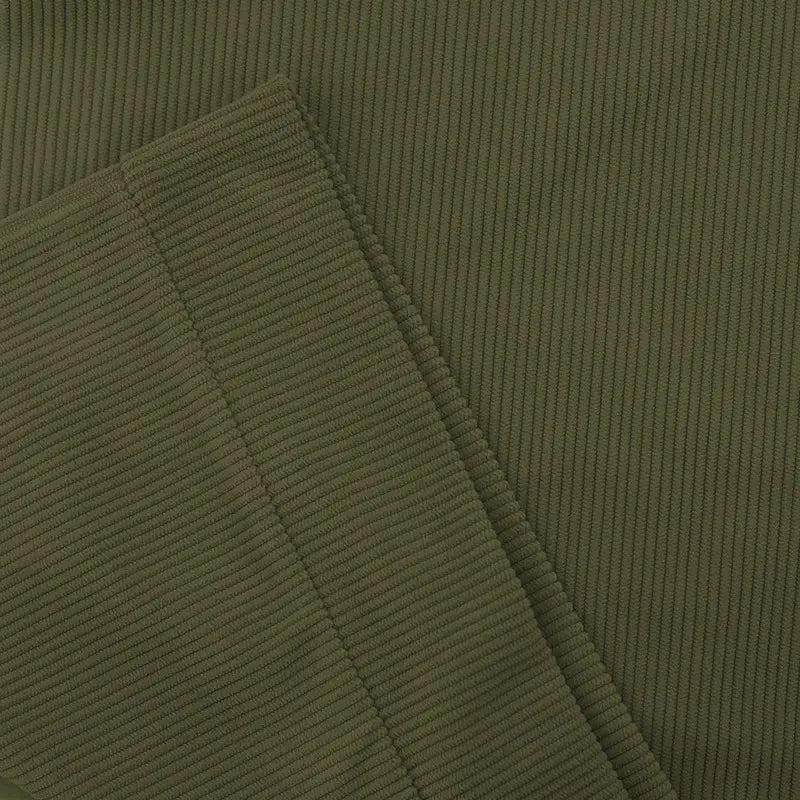 olive green slim fit corduroy patchwork pullover with distinct vertical ribs and contrast accents