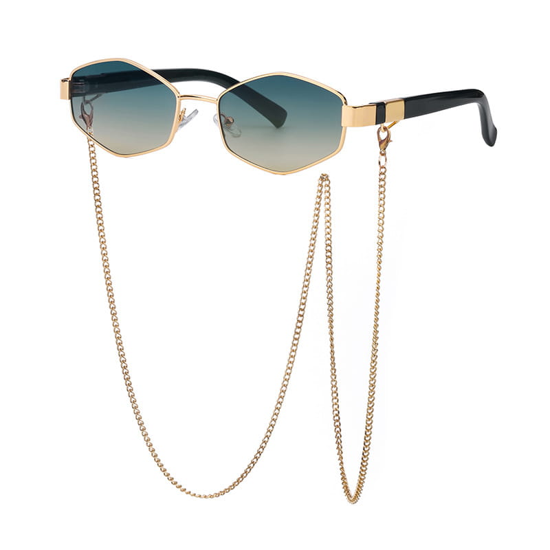 Women’s octagonal chain accent gradient sunglasses with gold-toned frames, gradient green-to-gray lenses, black temple arms, and a matching gold chain strap.