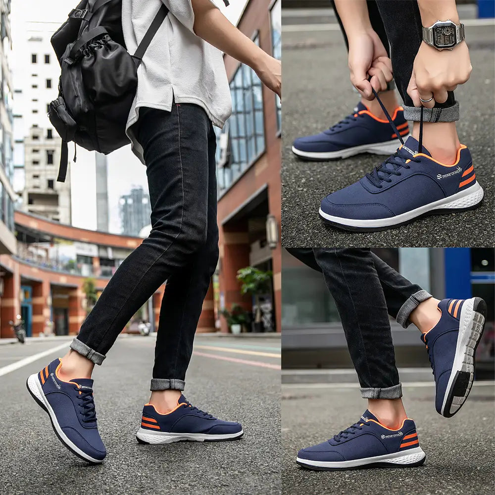 Navy blue strong cavalry breathable mesh casual athletic sneakers with orange accents and white soles for versatile sports and casual wear.