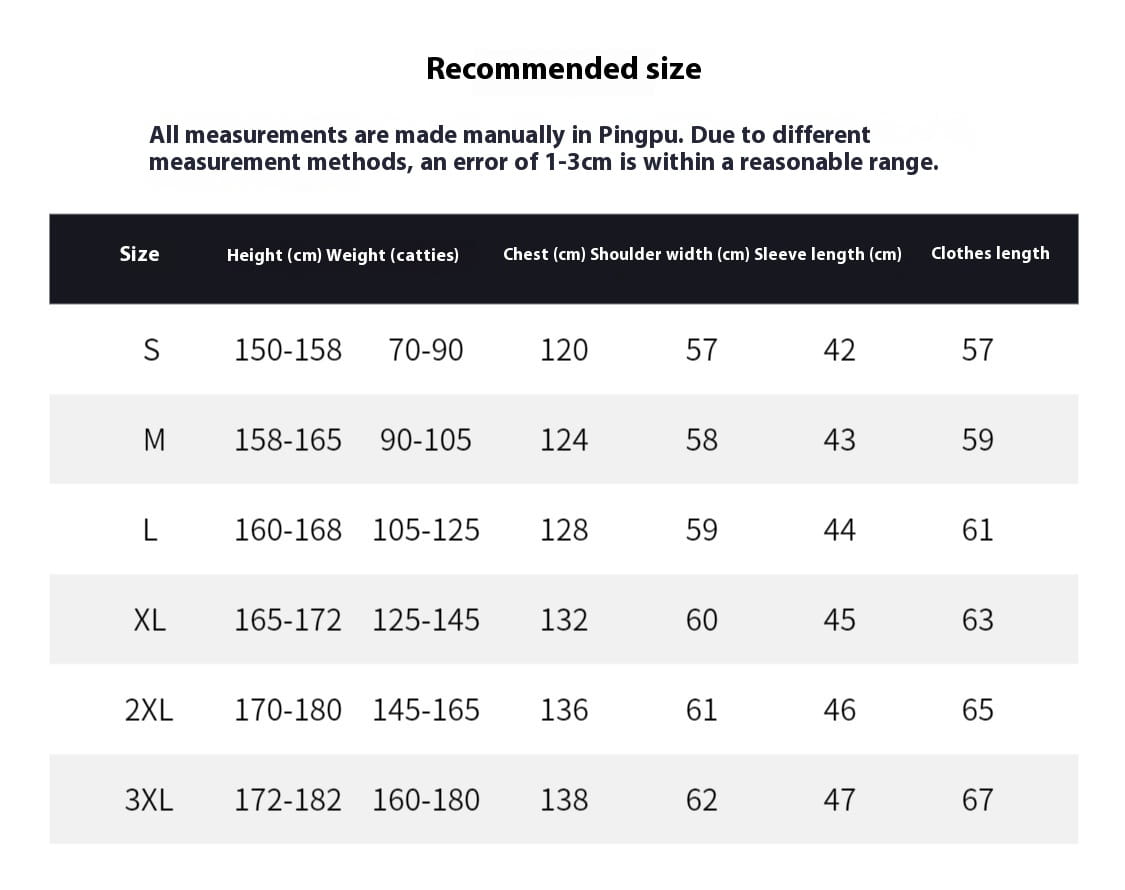 Recommended size chart for a faux fur lined hooded winter bomber jacket showing garment measurements in centimeters and catties for sizes S through 3XL.